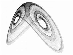 A grayscale plot of the Lorenz attractor, forming two overlapping spiral lobes in a butterfly shape.