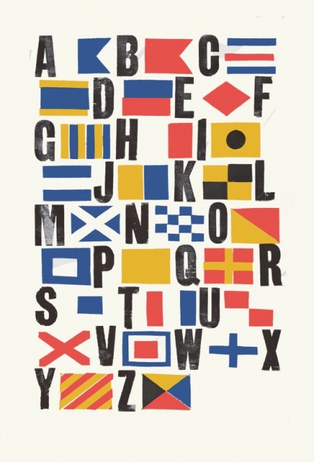 A letterpress print of the maritime signal flag alphabet, each letter A to Z paired with its flag in red, blue, yellow, and black on cream.