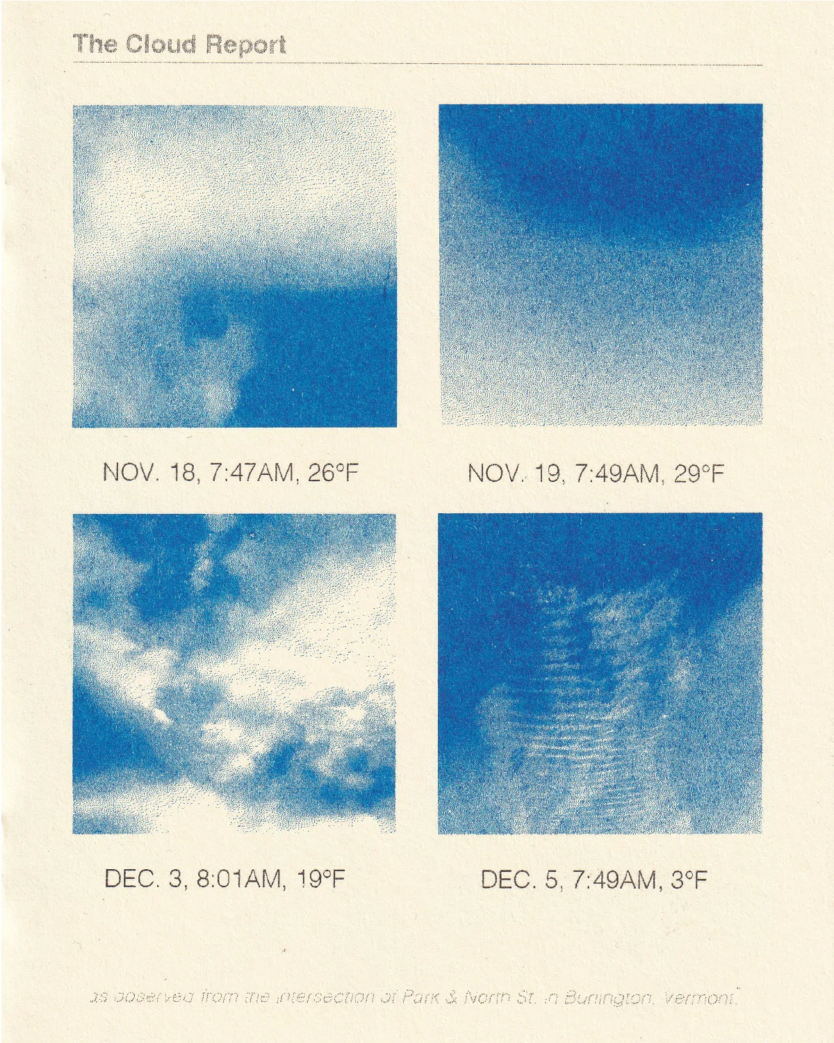 Four two-colour Risograph cloud studies printed in blue on cream stock, each labelled with a date, time, and temperature.