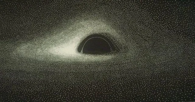 A 1979 simulated black hole, rendered in white dots on black: a dark central shadow ringed by a lopsided glowing disc.