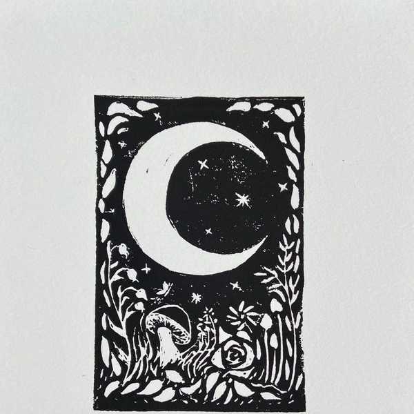 Moon Flowers Mushrooms Forest Original Block Print   Etsy