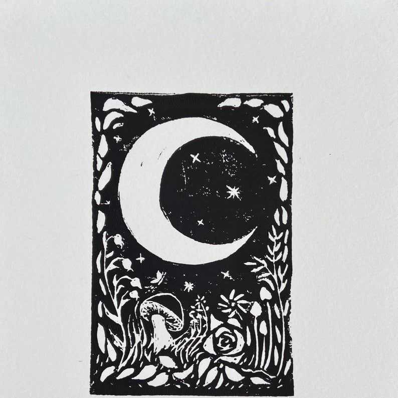 Moon Flowers Mushrooms Forest Original Block Print   Etsy